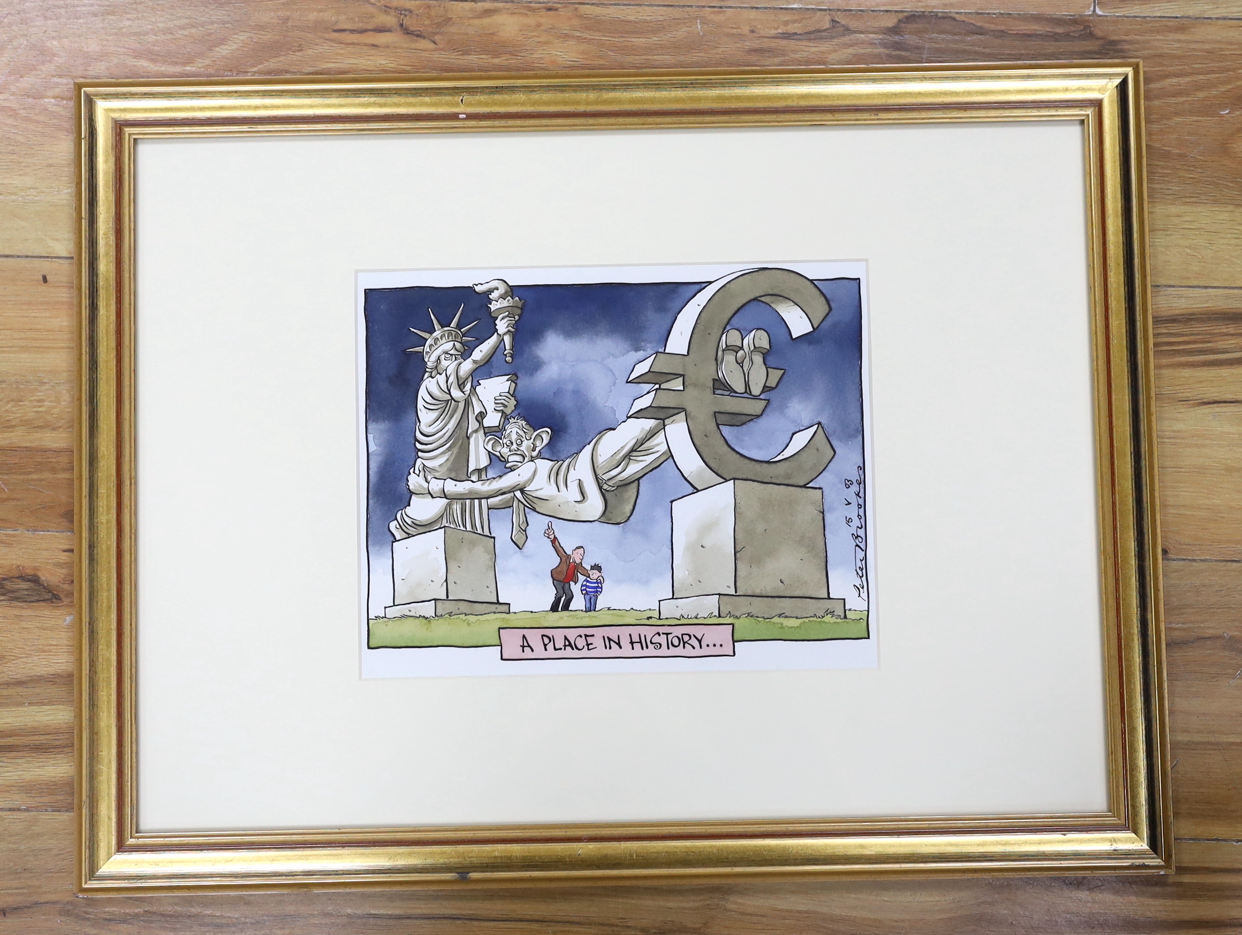 Peter Brookes (b.1943), pen, ink and watercolour satirical cartoon, 'A Place in History', signed, inscribed and dated 15 v 03, details verso, 24 x 30cm